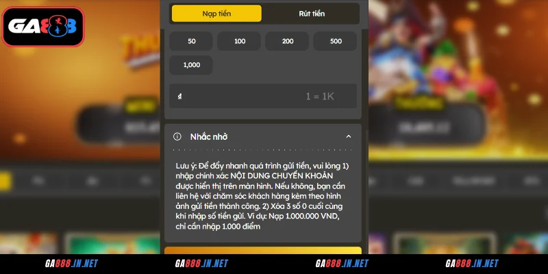 Điều cần lưu ý khi nạp tiền GA888